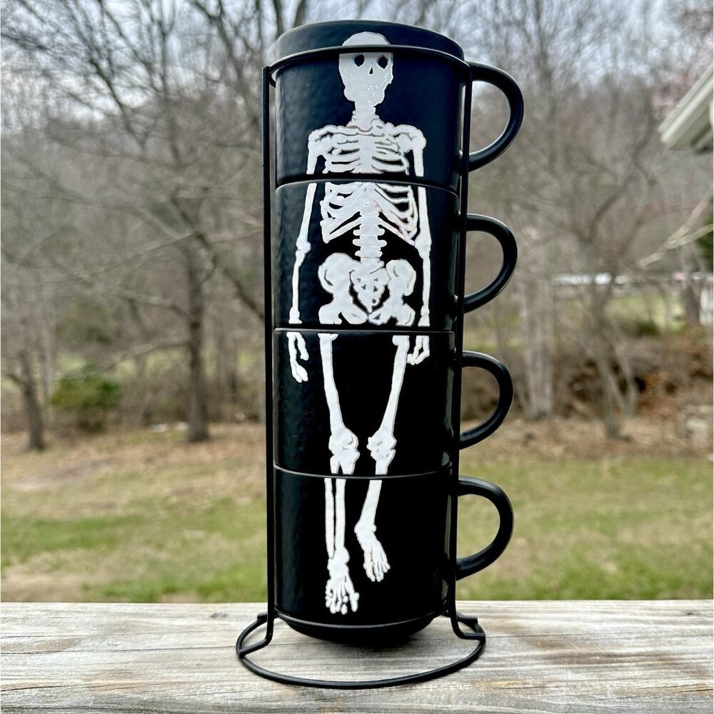 15" Set 4 Stacking Halloween Skeleton Cups in Metal Rack New No Tag